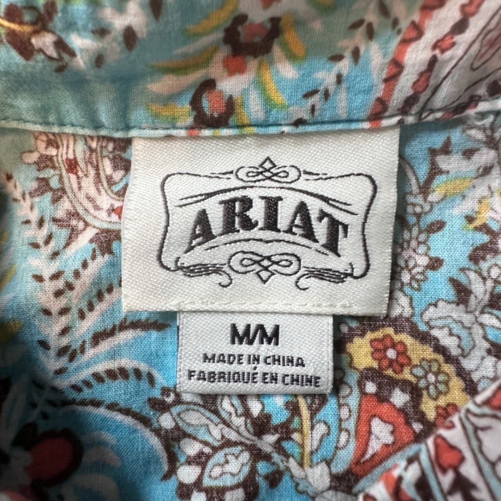 Ariat Shirt Womens Medium Blue Paisley Western Pearl Snap Short Sleeve Cotton - Picture 3 of 9
